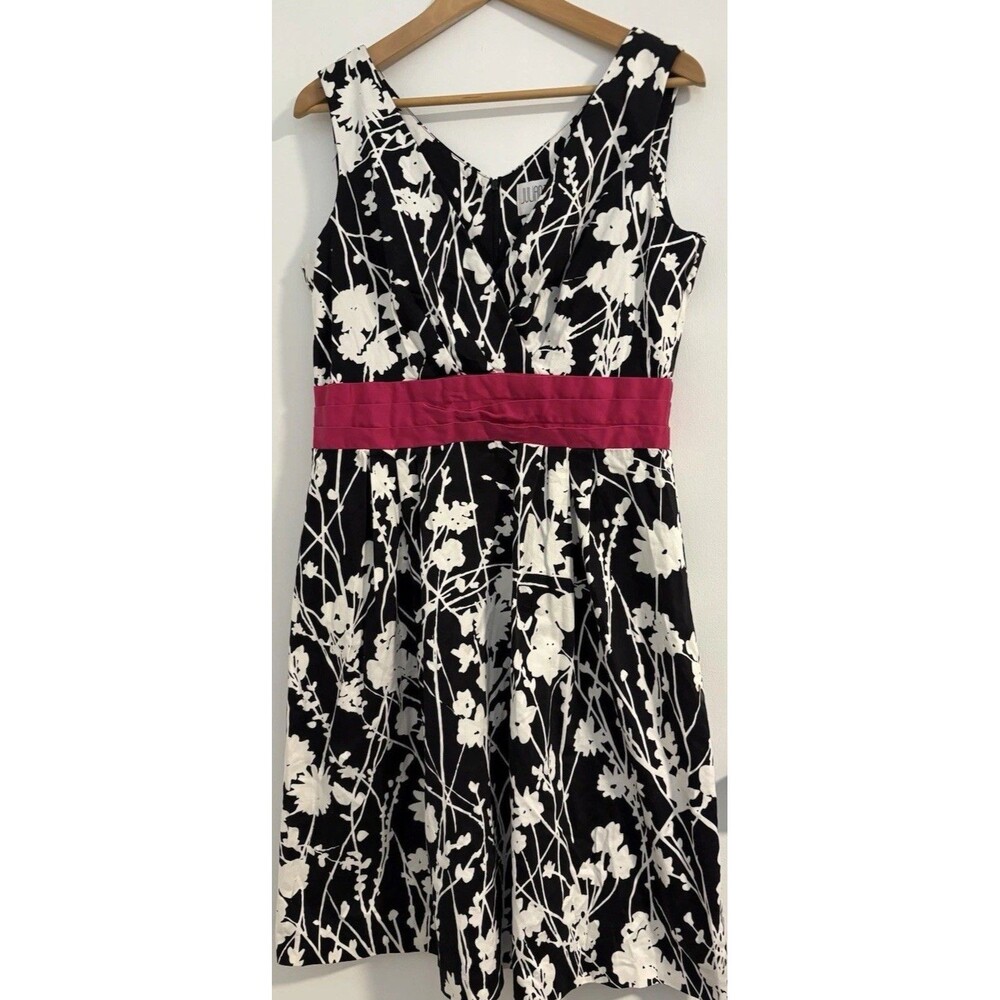 Julian Taylor New York A-line Sleeveless Black with Floral Motifs Fuchsia Sash.